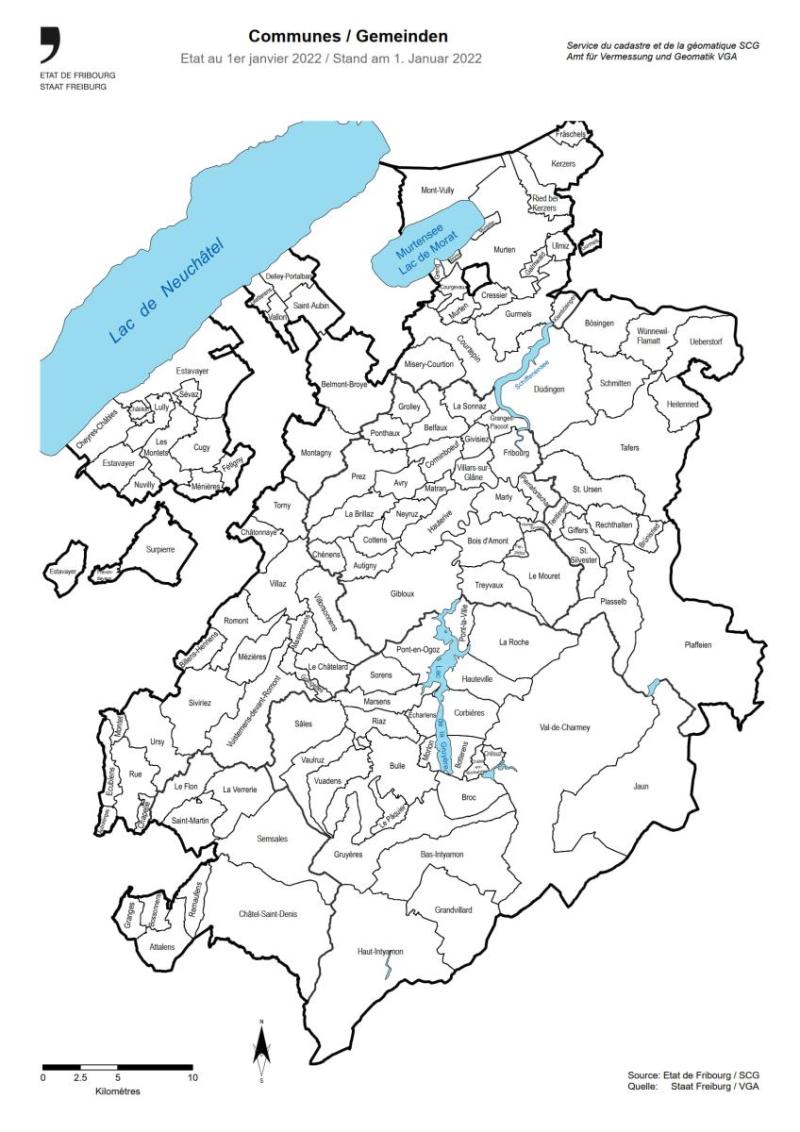 Karte des Gemeinden des Kantons Freiburg 2022